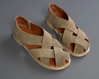 Cappuccino Fisherman Flats Women, Wide Toe Box Flats, Suede Leather Shoes, Comfortable Walking Flats, Foot Shaped Casual Shoes