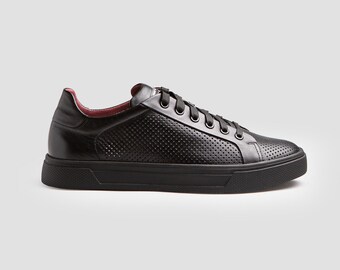Black Leather Sneakers Men, Minimalist Casual Trainers, Perforated Leather Shoes with EVA Sole