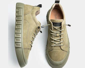 Nubuck Sneakers Men, Minimalist Leather Trainers with TPU Sole, Casual Everyday Shoes