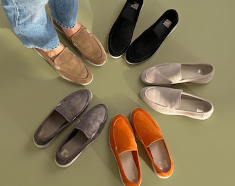 Dames suède loafers, instapschoenen van echt suède, casual loafers met leren voering, comfortabele handgemaakte schoenen