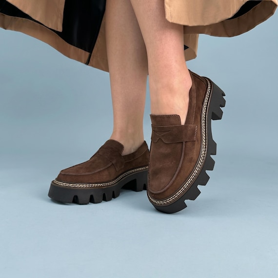 Brown Suede Platform Loafers for Women, Chunky Sole Penny Loafers, Handmade Casual Leather Shoes