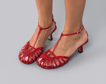 Red Patent Leather Cage Sandals, Handmade T-Strap Heels, Elegant Party Shoes