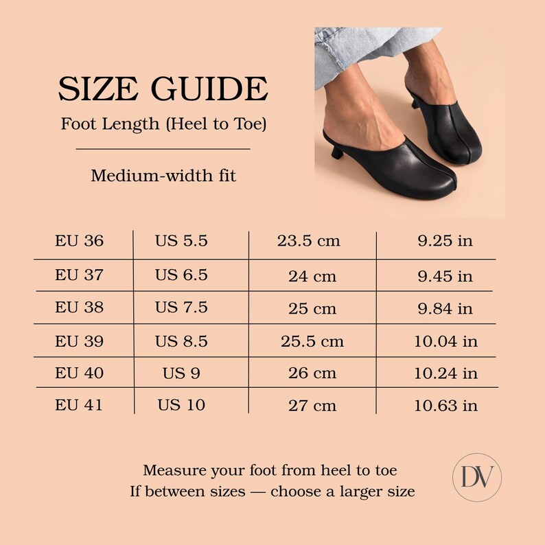 May include: A size guide chart for black kitten-heel mules with a center seam. The chart lists EU, US, centimeter, and inch measurements for foot length from 23.5 cm to 27 cm. Text includes SIZE GUIDE, Foot Length, Medium-width fit, and DV logo.