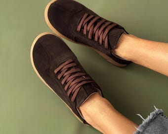 Handmade Brown Wide Toe Box Sneakers, Women's Minimalist Suede Shoes, Barefoot Style Leather Sneakers