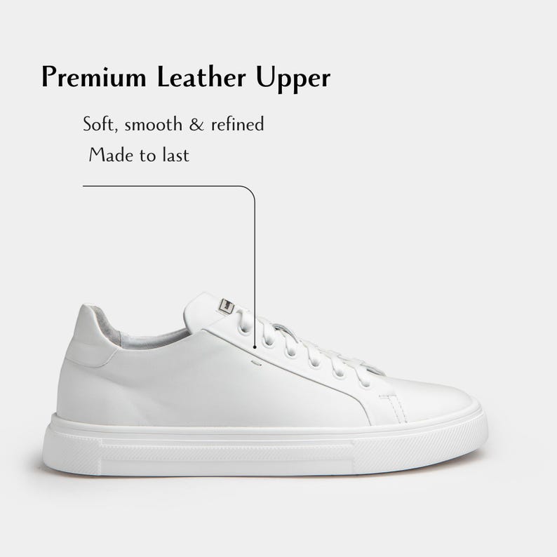 May include: A white leather sneaker with a thick sole. The shoe has a low-top design with white laces and a padded collar. The text "Premium Leather Upper" is displayed above the shoe, with the phrases "Soft, smooth & refined" and "Made to last" below it.