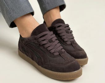 Chocolate Suede Sneakers for Women Handmade, Brown Casual Trainers with Leather Lining, Lightweight Everyday Walking Shoes