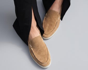 Handmade Brown Suede Loafers, Women's Slip On Shoes, Lightweight Casual Leather Flats