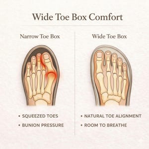 May include: An anatomical illustration compares a narrow toe box to a wide toe box. The narrow toe box shows squeezed toes and bunion pressure, while the wide toe box shows natural toe alignment and room to breathe. Text at the top reads "Wide Toe Box Comfort."