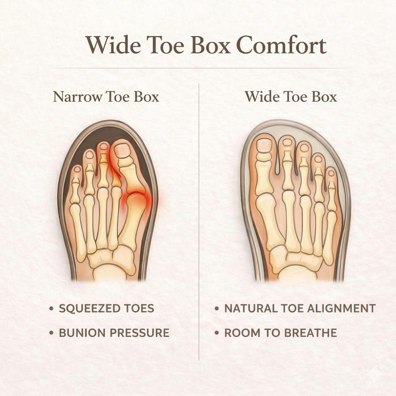 May include: An anatomical illustration compares a narrow toe box to a wide toe box. The narrow toe box shows squeezed toes and bunion pressure, while the wide toe box shows natural toe alignment and room to breathe. Text at the top reads "Wide Toe Box Comfort."