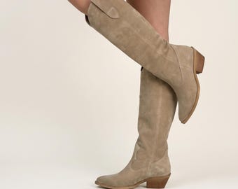 Beige Suede Knee High Cowboy Boots Women, Handmade Western Boots, Tall Suede Boots, Leather Lined Winter Boots, Cowgirl Boots