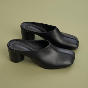Black Leather Square Toe Heeled Mules, Minimalist Handmade Dress Shoes