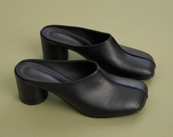 Black Leather Square Toe Heeled Mules, Minimalist Handmade Dress Shoes