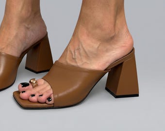Square Toe Block Heel Mules Women, Brown Leather Sandals, Minimalist Mule Heels, Open Toe Slides, Handmade Leather Footwear
