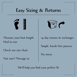 May include: Image with text about easy sizing and returns. Includes a foot icon, ruler, and a box with an arrow. Text includes "Measure your foot length", "Check our size chart", "14-day returns & exchanges", and "We'll help you find your perfect fit."