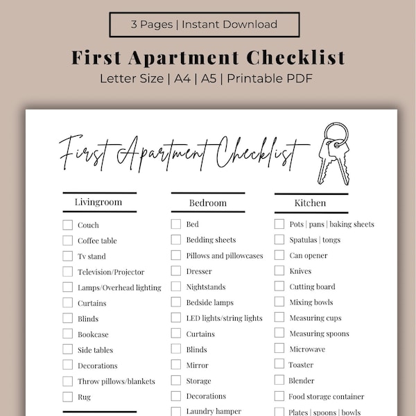 First Apartment Checklist Printable Moving Planner New Home Essentials SVG Moving Guide First Home Checklist Apartment Checklist Template