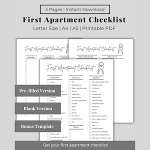 May include: A printable checklist for first apartment essentials. The checklist is divided into three sections: living room, bedroom, and kitchen. Each section has a list of items to check off, such as furniture, bedding, and kitchenware. The checklist is available in three versions: pre-filled, blank, and bonus template.