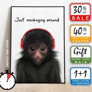 Acrylic monkey painting print 5 x 7 Giclee Jungle animal nursery decor Whimsical brown monkey Safari animal collage art Monkey collage