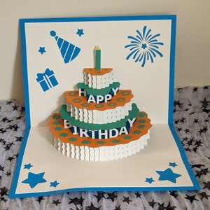 Tarjeta emergente de pastel de cumpleaños azul o rosa
