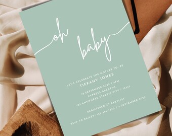 Oh baby salie groene babyshower | Minimalistische babyshower | Geslachtsneutrale babyshower | Bewerkbare sjabloon Canva 5" x7"
