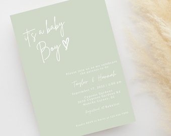 Minimalist Salbei Grün Baby Shower | Es ist ein Baby Boy Baby Shower | Bearbeitbare Vorlage Canva