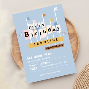Blue Retro Theme Park Birthday Invitation (white text) | Retro 1st Birthday Party | Editable Template Canva