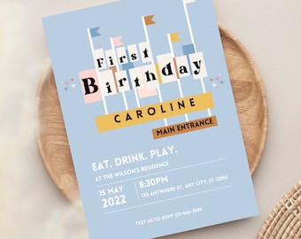 Blue Retro Theme Park Birthday Invitation (white text) | Retro 1st Birthday Party | Editable Template Canva