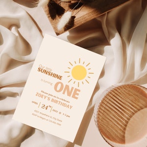 Our Little Sunshine Boho Invitation | Editable Template Canva | 1st Birthday Party | Neutral Sun