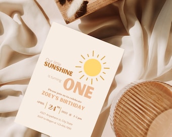 Our Little Sunshine Boho Invitation | Editable Template Canva | 1st Birthday Party | Neutral Sun