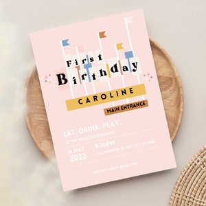 Pink Retro Theme Park Birthday Invitation (white text) | Retro 1st Birthday Party | Editable Template Canva