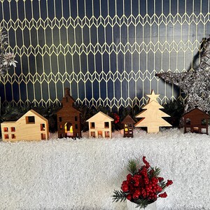Whimsical Christmas village for mantle decoration, wooden houses rustic holiday decor, Nordic Christmas Village
