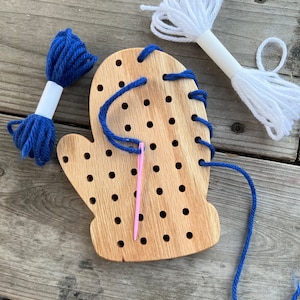 Learn to sew Lacing toy, stocking stuffer for kids, wooden toy, wood mitten, car travel toy, Christmas gift for girls, quiet time