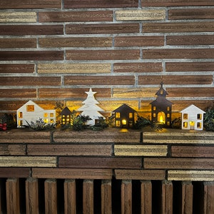 Wooden Christmas village, hygge Christmas village display, wood village houses, mantel decor Christmas town, Scandinavian Christmas decor