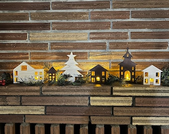 Wooden Christmas village, hygge Christmas village display, wood village houses, mantel decor Christmas town, Scandinavian Christmas decor