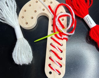 Stocking stuffer for kids, learn to sew kit, wooden lacing toy candy cane, sustainable Christmas gifts for girls, educational gifts for boys