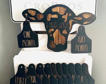 Baby Milestone 13 Piece Black Cow Head w / Tags, Regalo personalizzato, Regalo baby shower, Baby Milestone Cards