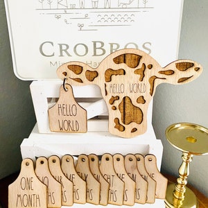 Baby Milestone Natural 13 Piece Cow Head w/Tags, Personalized Gift, Baby Shower Gift, Baby Milestone Cards