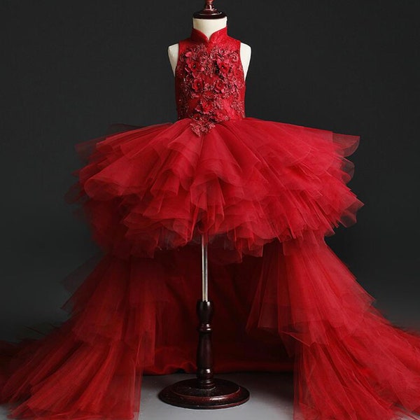 Luxury red long tail dress - New Luxury Princess Ball Gowns Wedding Tutu Dress Girls Party Flower Girl Dresses Evening Prom Frocks