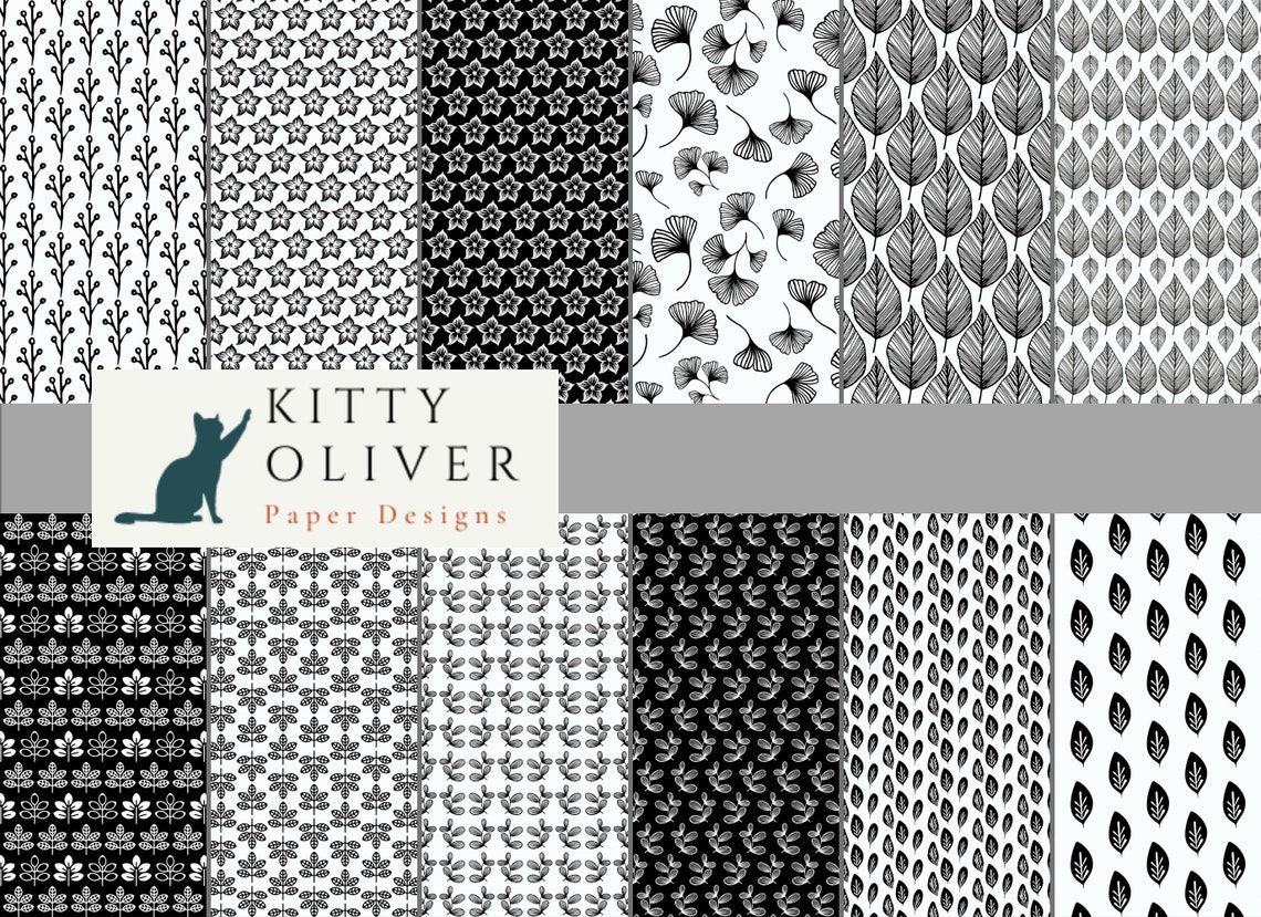 Black and White Botanical Patterns Paper Pack, Printable Digital Paper ...