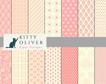 May include: A set of 12 digital paper designs featuring various patterns in pink and cream. The patterns include damask, stripes, polka dots, and floral designs. The text "KITTY OLIVER Paper Designs" is displayed at the bottom of the image.