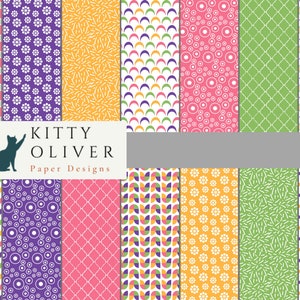 Happy Paper Pack in Lila Pink Orange Grün | Druckbares digitales Papier Download, Scrapbooking, Kartenherstellung, Papier basteln 12x12, 300 DPI