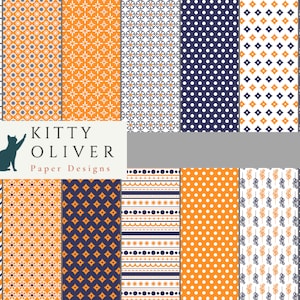 Navy Blau und Orange Geometrische Digital Paper Pack | Druckbare Digital Paper Download | Digitales Scrapbook Papier | 12x12