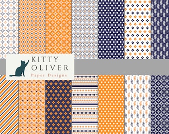Navy Blue and Orange Geometric Digital Paper Pack | Printable Digital Paper Download | Digital Scrapbook Paper | 12x12
