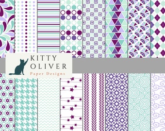 Purple and Turquoise Patterns, Printable Digital Paper Download for Scrapbooking, Card Making, Paper Crafting, 12x12, 300 dpi