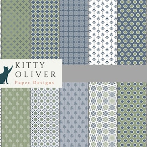 Saliegroene en blauwe patronen papieren pakket | Afdrukbaar digitaal papier downloaden, scrapbooking, kaarten maken, papierambachten 12x12, 300 DPI