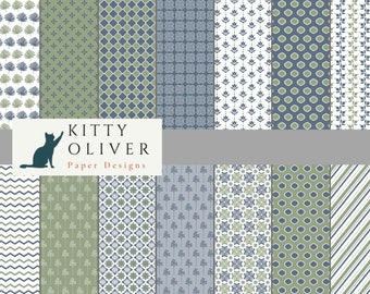Sage Green and Blue Patterns Paper Pack | Printable Digital Paper Download, Scrapbooking, Card Making, Paper Crafts 12x12, 300 DPI