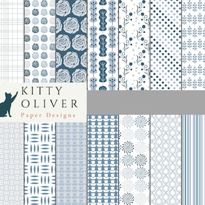 Unique Patterns in 5 Shades of Blue gray, Printable Digital Paper Download for Scrapbooking, Card Making, Paper Crafting, 12x12, 300 dpi