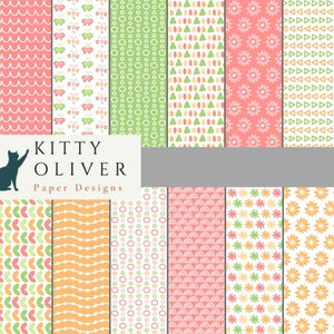 Frühlings doodles Papier Pack in Grün, Rosa, Orange | Druckbare digitales Papier Download, Scrapbooking, Kartenherstellung, Basteln, 12x12, 300 DPI