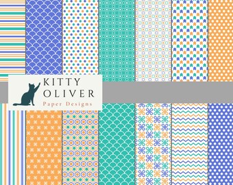 Blue, Turquoise, Orange Geometric Digital Paper Pack | Printable Digital Paper Download | Digital Scrapbook Paper | 12x12