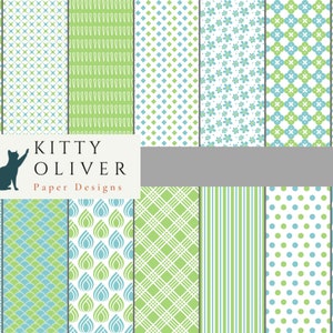 Hellblaues und grünes Digital Paper Pack | Druckbares digitales Papier Download, Scrapbooking, Kartenherstellung, Papier basteln 12x12, 300 DPI