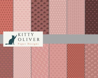 May include: A selection of patterned paper designs in pink and brown hues. The patterns feature hearts, the word "love", and decorative motifs. The Kitty Oliver Paper Designs logo is displayed in the centre.